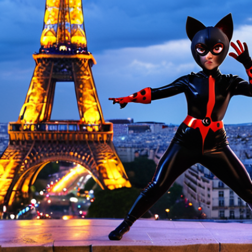Home 4 **Image Prompt:** Ladybug and Cat Noir fighting a new akumatized villain in front of the Eiffel Tower at night. Dynamic action pose, vibrant colors, Miraculous powers in effect. Parisian cityscape in the background.