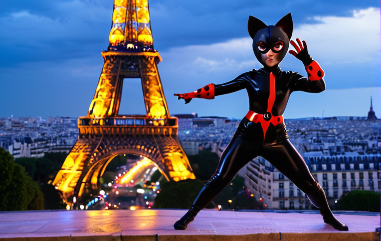 **Image Prompt:** Ladybug and Cat Noir fighting a new akumatized villain in front of the Eiffel Tower at night. Dynamic action pose, vibrant colors, Miraculous powers in effect. Parisian cityscape in the background.