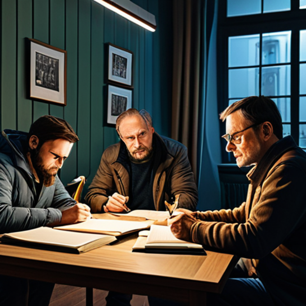 Behind the Scenes - The Writers' Room**

"A bustling writers' room in Moscow, late at night, illuminated by warm lamps. Several writers are brainstorming around a table covered in scripts and coffee cups, fully clothed, appropriate attire, safe for work, perfect anatomy, natural proportions, concept art, digital painting, family-friendly."

**