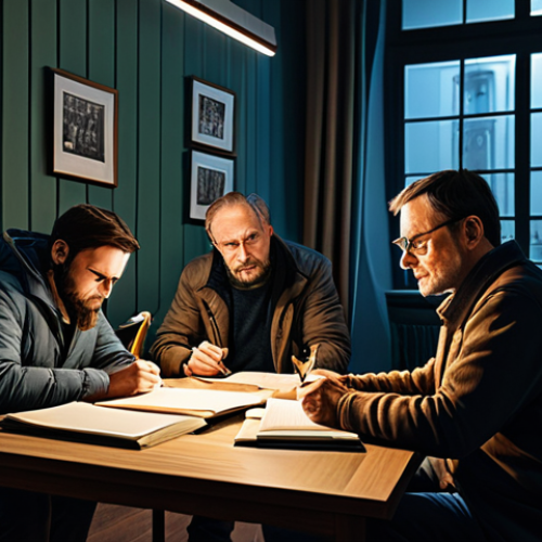 Behind the Scenes - The Writers' Room**

"A bustling writers' room in Moscow, late at night, illuminated by warm lamps. Several writers are brainstorming around a table covered in scripts and coffee cups, fully clothed, appropriate attire, safe for work, perfect anatomy, natural proportions, concept art, digital painting, family-friendly."

**