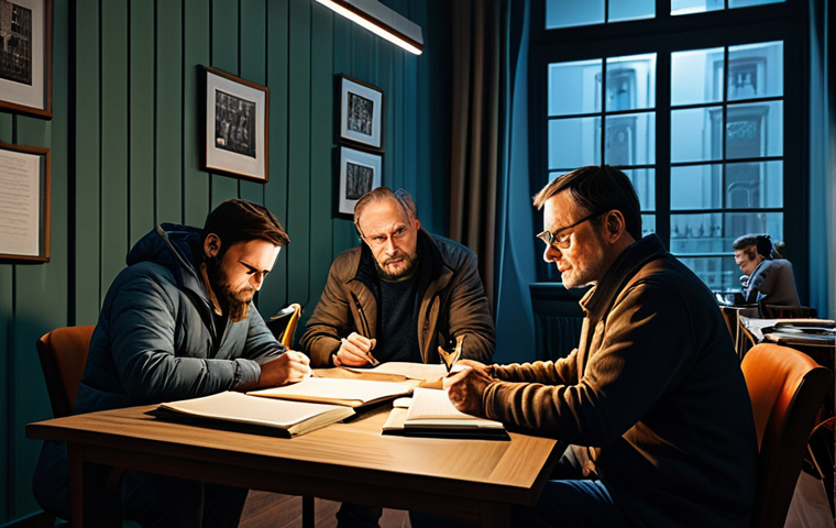 Behind the Scenes - The Writers' Room**

"A bustling writers' room in Moscow, late at night, illuminated by warm lamps. Several writers are brainstorming around a table covered in scripts and coffee cups, fully clothed, appropriate attire, safe for work, perfect anatomy, natural proportions, concept art, digital painting, family-friendly."

**